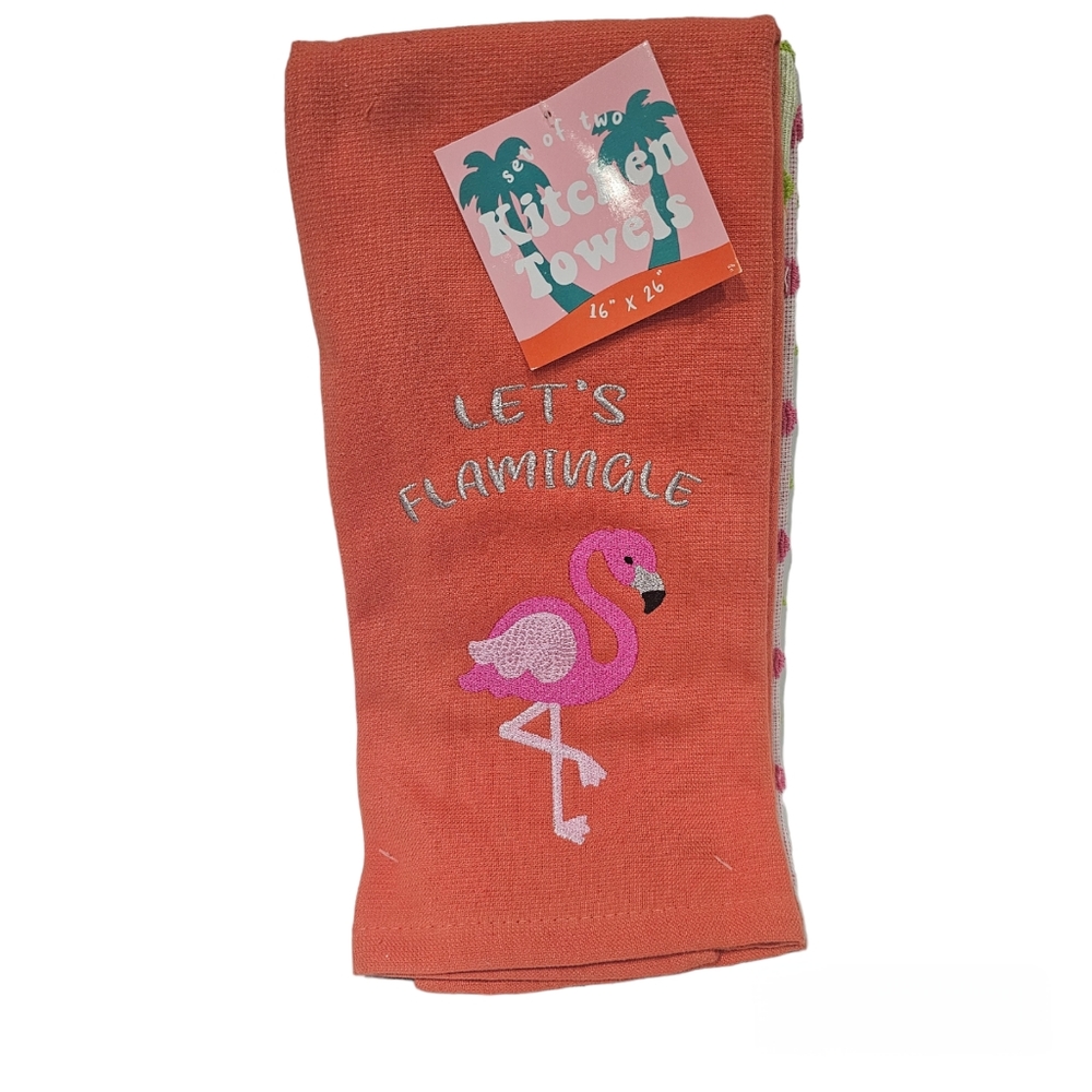 2pc PINK FLAMINGO "Let's Flamingle" Embroidered Polka Dot Dish Towels New